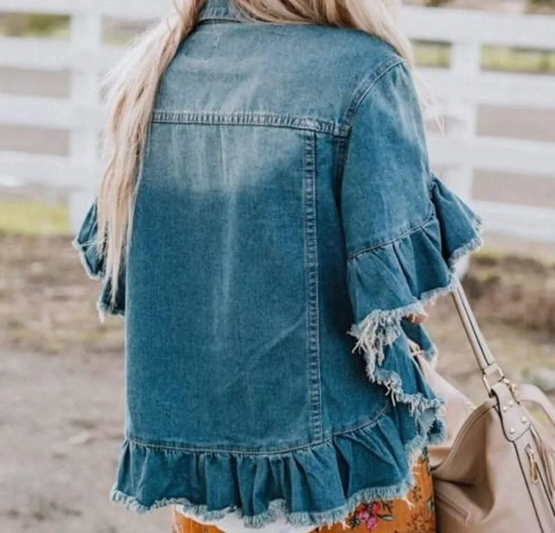 Fronage Women's 2024 Denim Jackets Ruffled Short Sleeve Jean Jackets Blue Raw Edge Button Down Denim Jacket