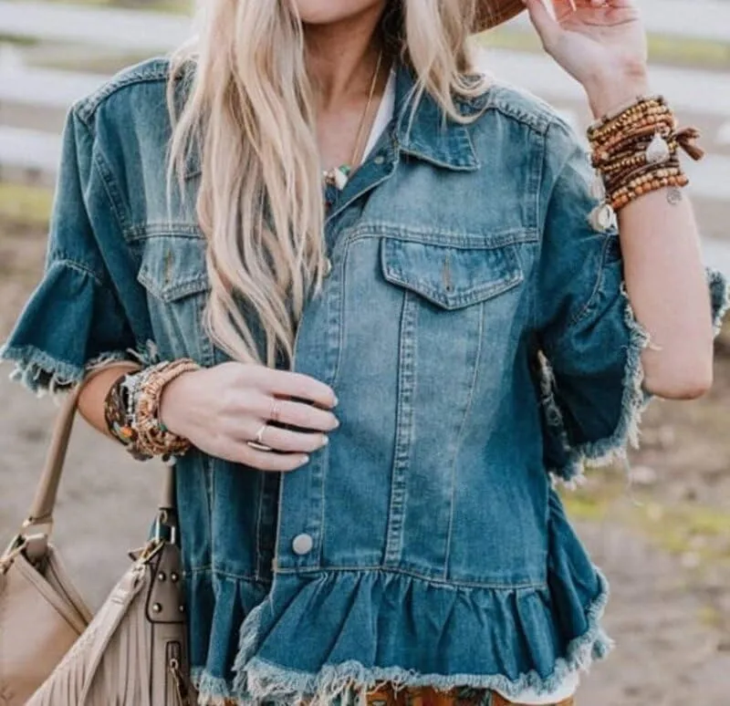 Fronage Women's 2024 Denim Jackets Ruffled Short Sleeve Jean Jackets Blue Raw Edge Button Down Denim Jacket