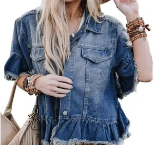 Fronage Women's 2024 Denim Jackets Ruffled Short Sleeve Jean Jackets Blue Raw Edge Button Down Denim Jacket