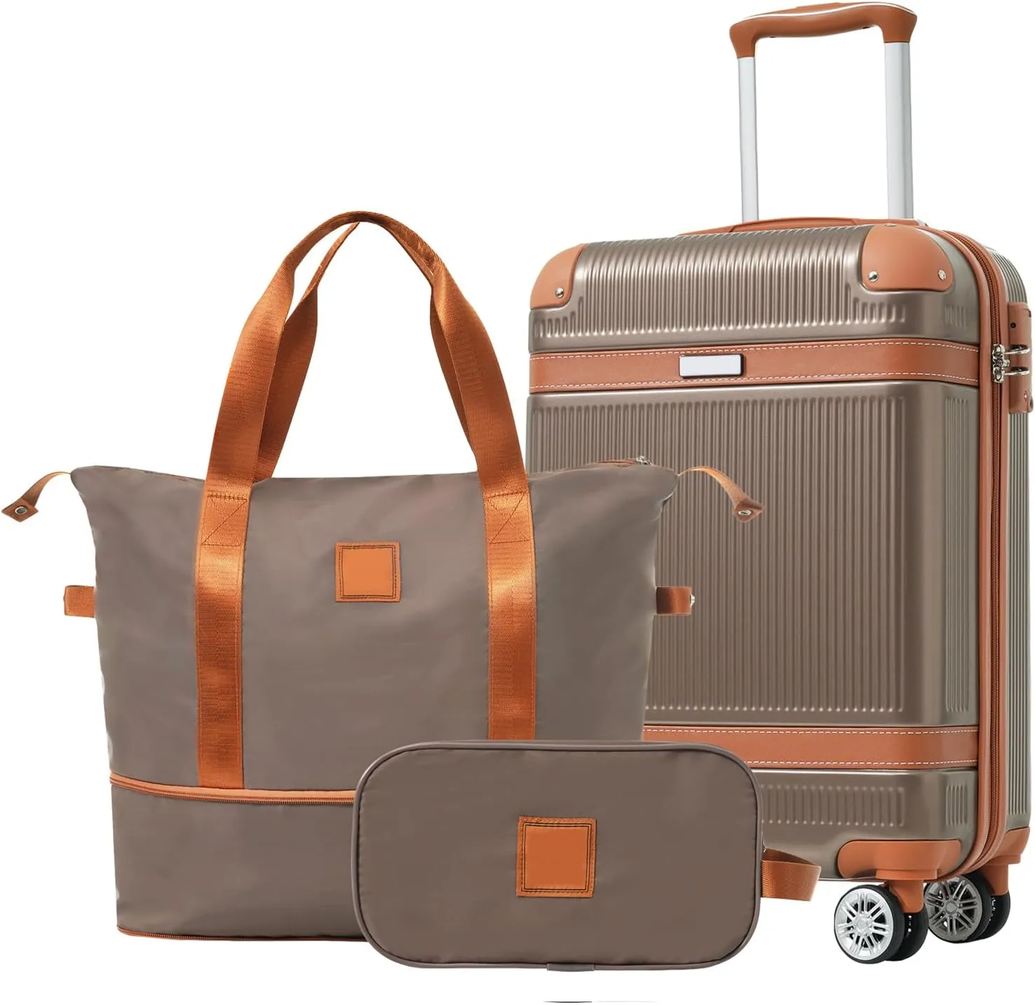 FUNNy elf 3 Piece Hardshell Luggage Set W TSA Lock And Spinner Wheels Men Women, 1 Toiletry bag 1 travel bag 1 Carry-on Suitcase Coppery