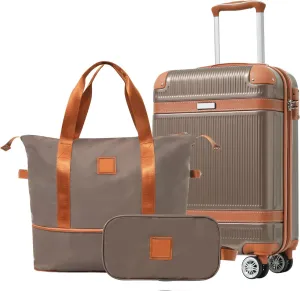 FUNNy elf 3 Piece Hardshell Luggage Set W TSA Lock And Spinner Wheels Men Women, 1 Toiletry bag 1 travel bag 1 Carry-on Suitcase Coppery
