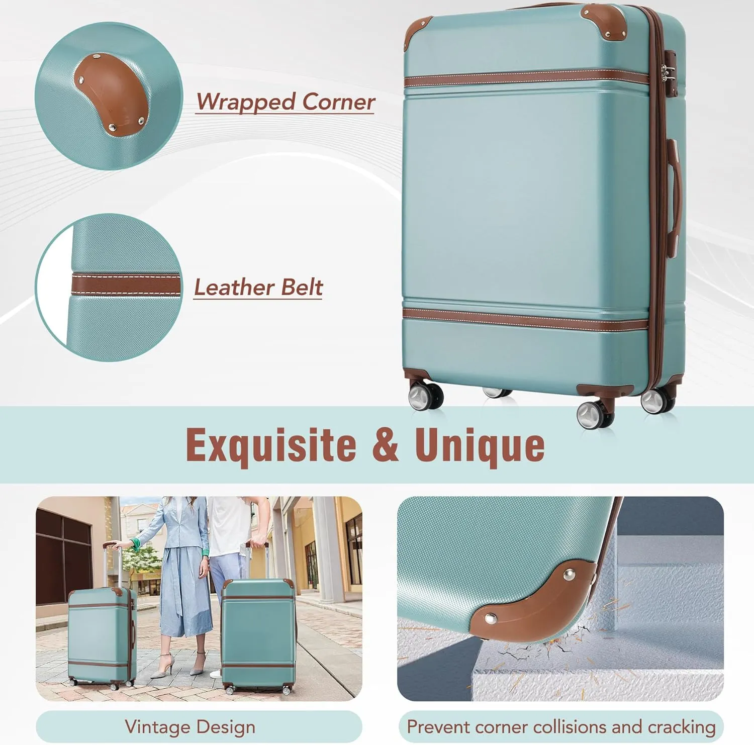 FUNNy elf Hardshell Luggage Set of 3, 20" 28" Luggages and Cosmetic Case with 360 Spinner Wheels, Expandable Feature, TSA Lock, Lightweight Luggage Set (Green)