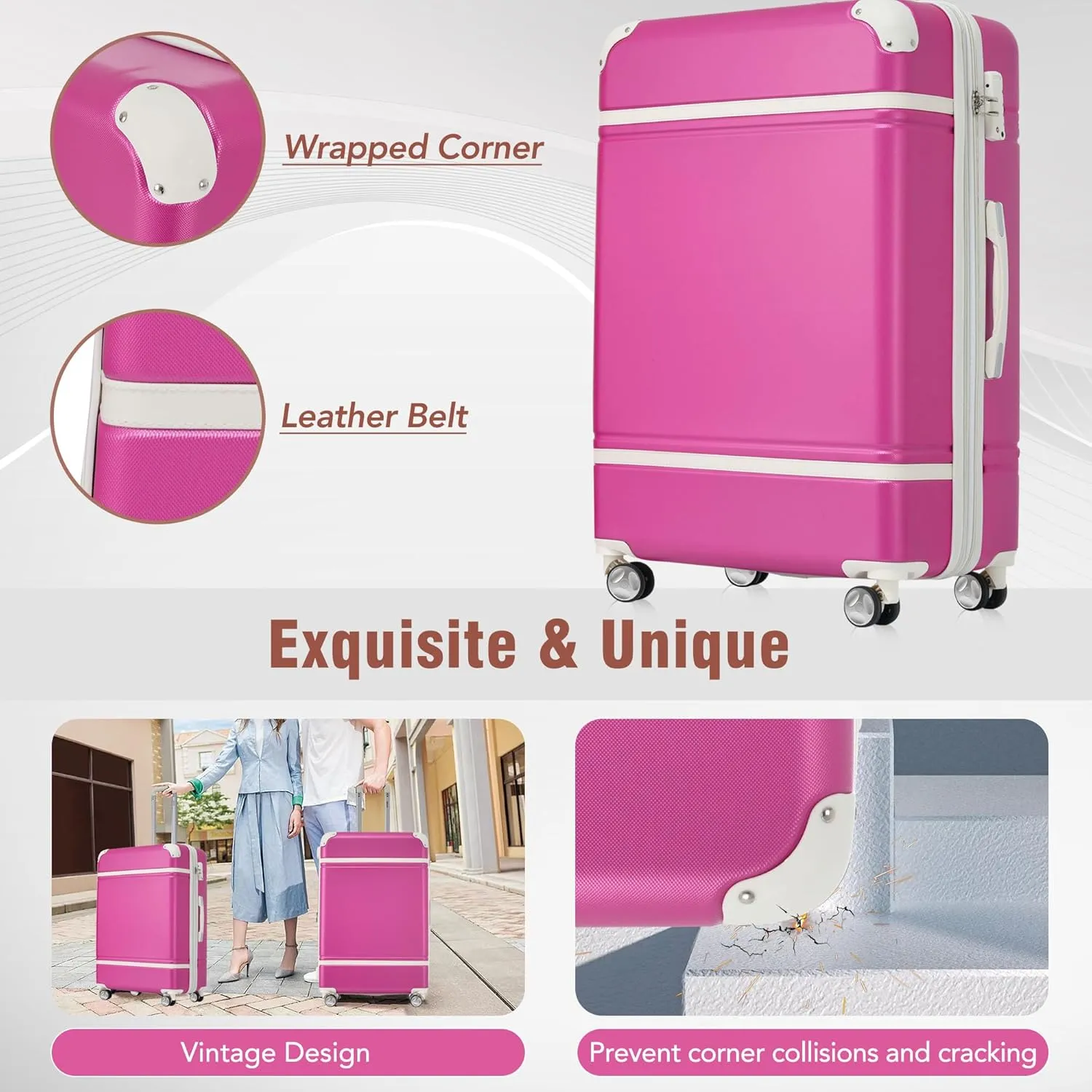 FUNNy elf Hardshell Luggage Set of 3, 20" 28" Luggages and Cosmetic Case with 360 Spinner Wheels, Expandable Feature, TSA Lock, Lightweight Luggage Set (Pink)