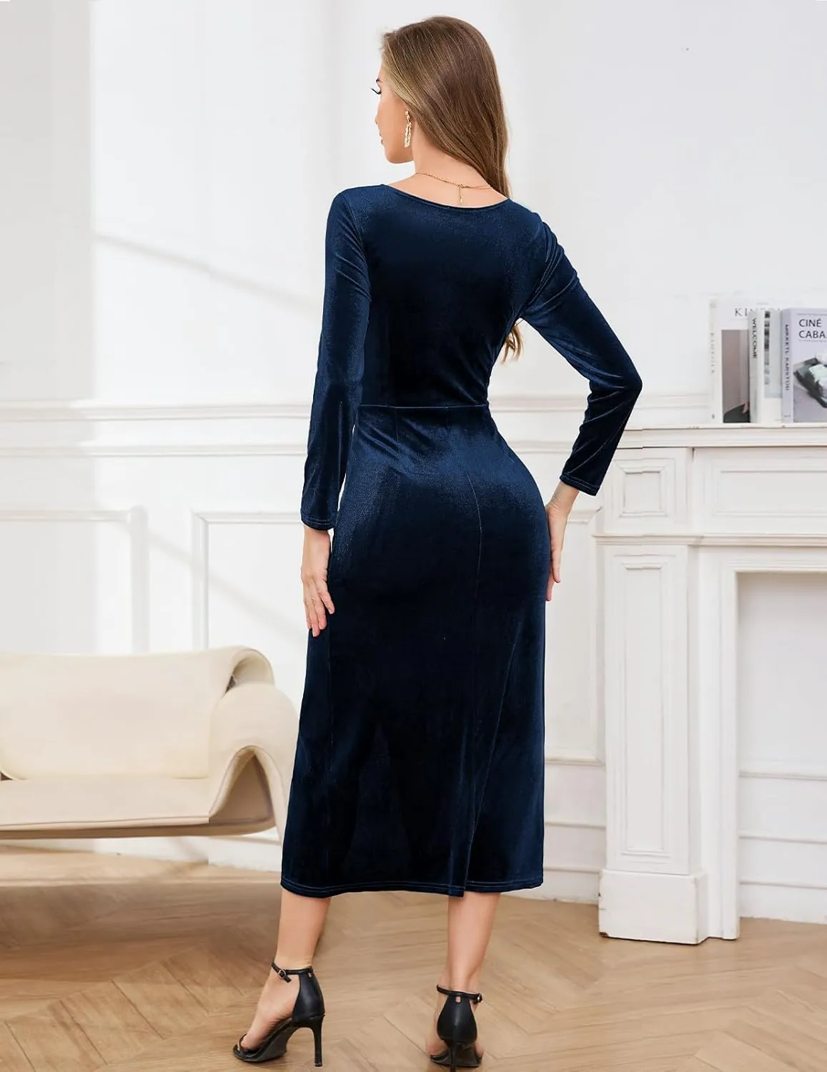 Gardenwed Womens Long Sleeve Velvet Maxi Dress Plus Size Wrap V Neck Long Formal Evening Cocktail Party Dress