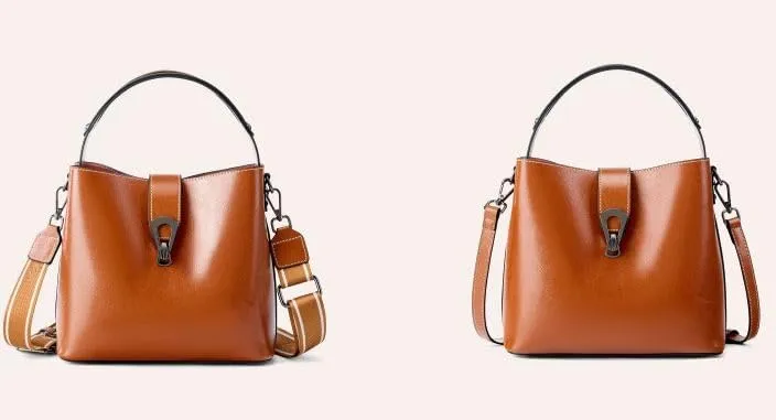 Genuine Leather Handbags for Women Vintage Fashionable and Versatile Shoulder Tote Crossbody Bucket Bags with zipper