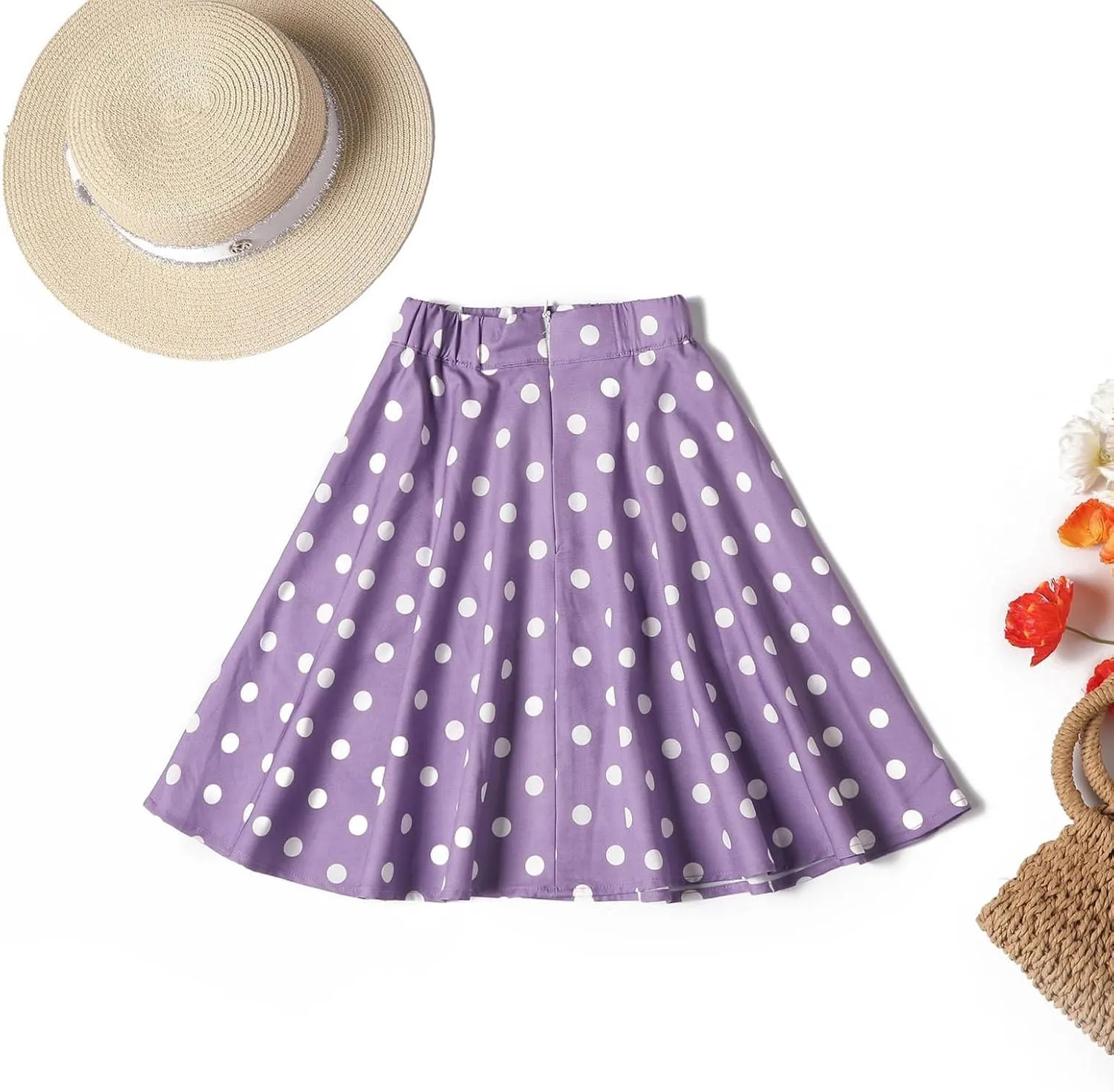 Girls Knee Length Flowy A-Line Skirt Fashion Polka Dot Smocked A-Line Skirts Pull-on Elastic Waist Pleated Skirt