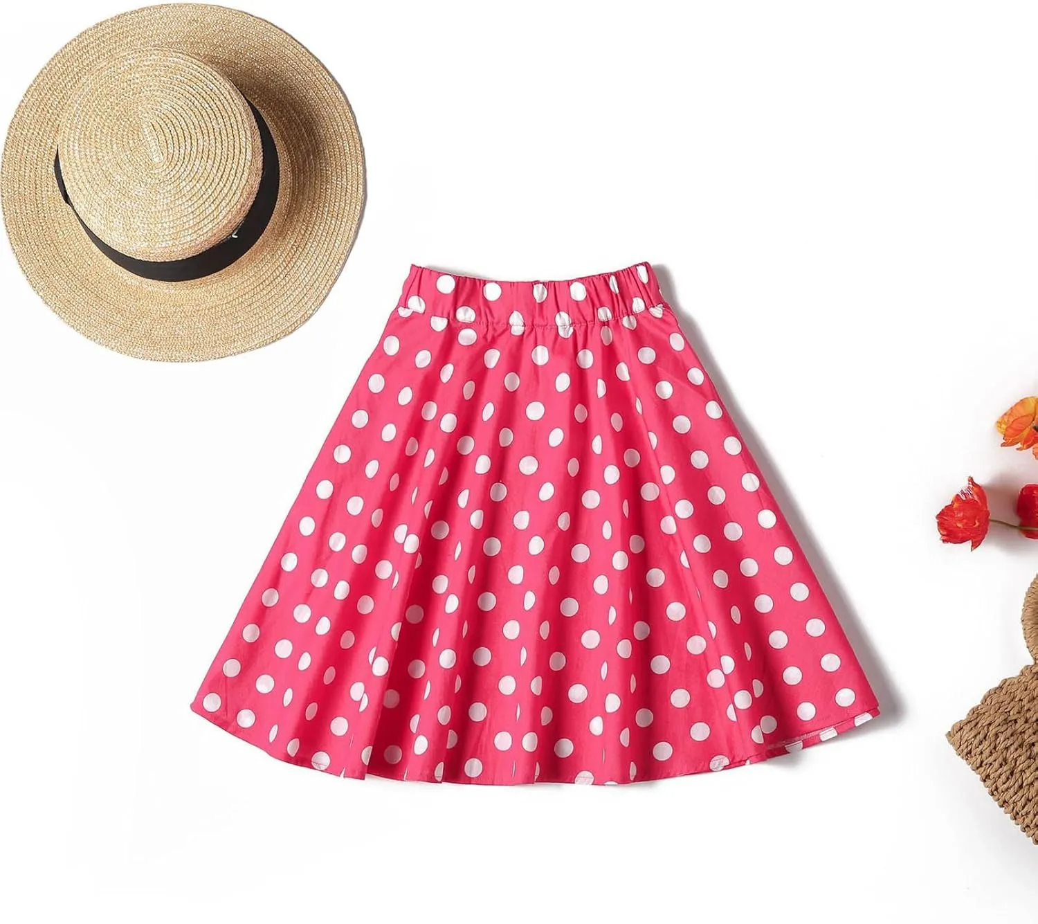 Girls Knee Length Flowy A-Line Skirt Fashion Polka Dot Smocked A-Line Skirts Pull-on Elastic Waist Pleated Skirt