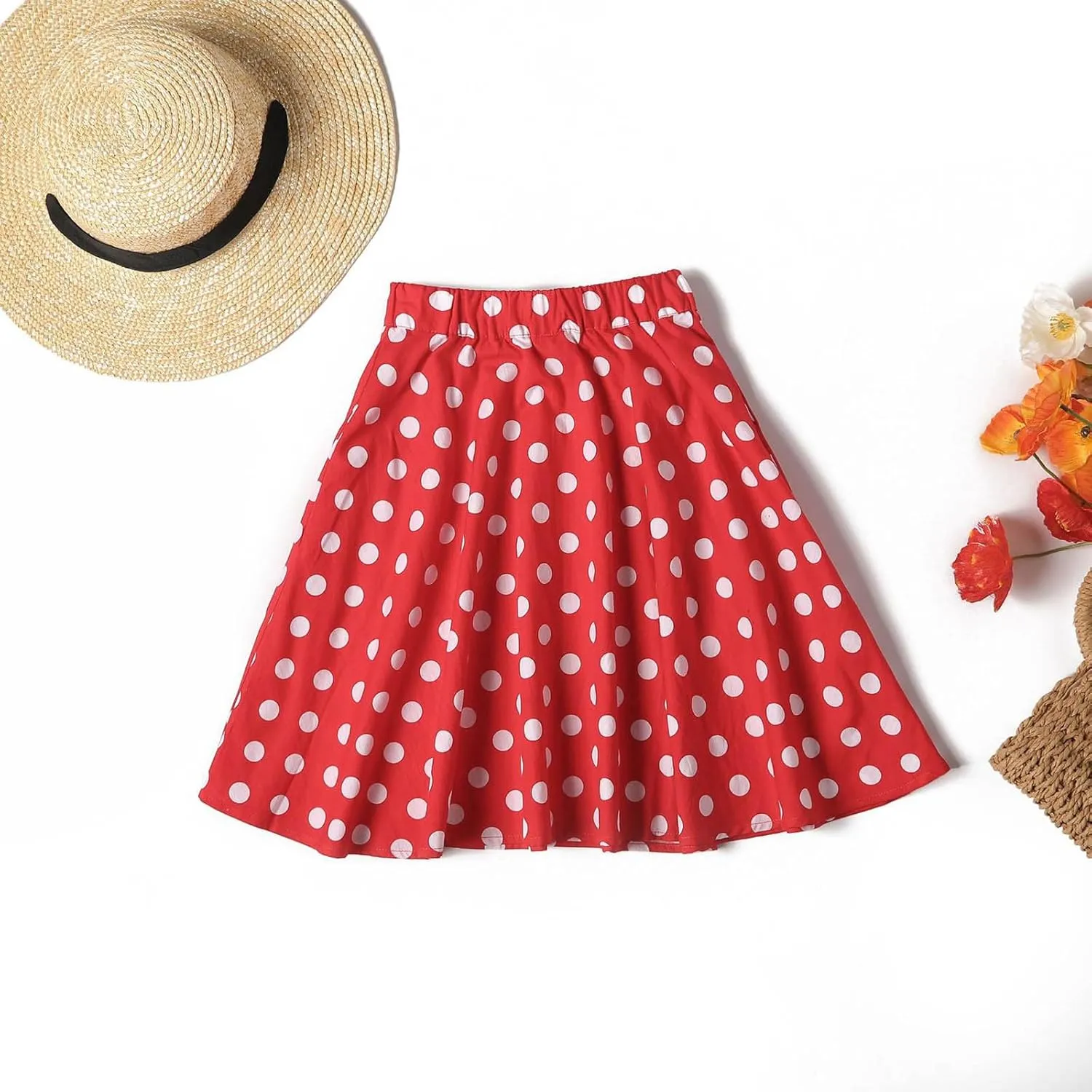 Girls Knee Length Flowy A-Line Skirt Fashion Polka Dot Smocked A-Line Skirts Pull-on Elastic Waist Pleated Skirt