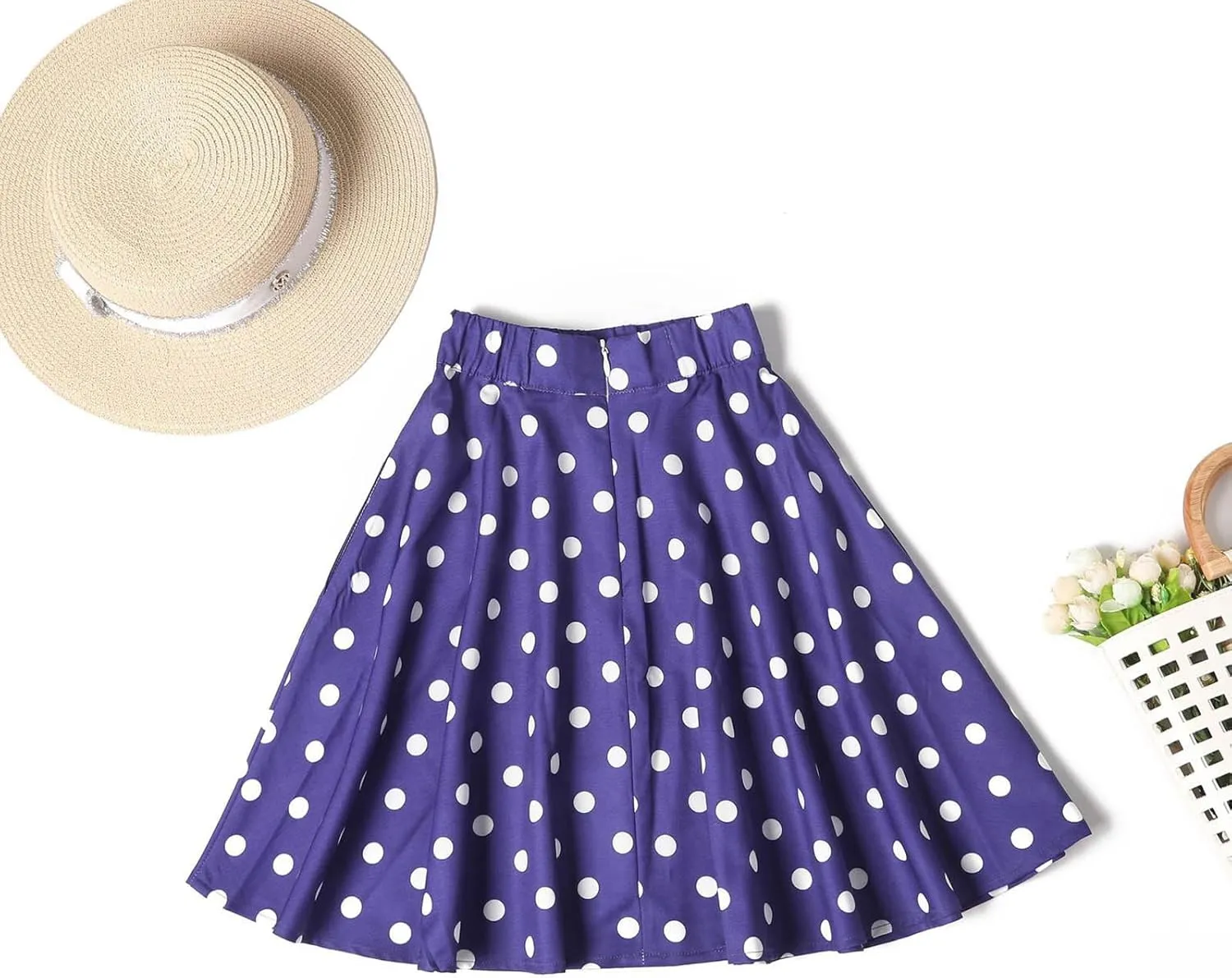 Girls Knee Length Flowy A-Line Skirt Fashion Polka Dot Smocked A-Line Skirts Pull-on Elastic Waist Pleated Skirt