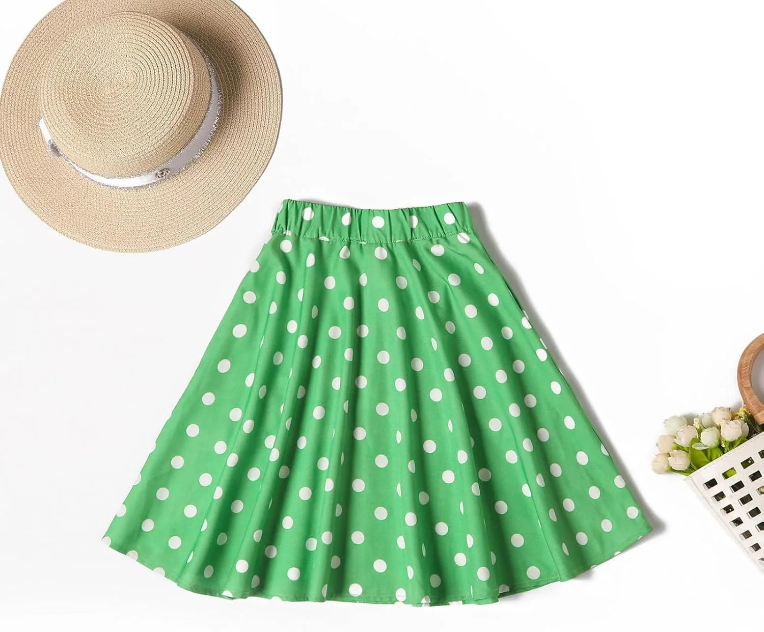 Girls Knee Length Flowy A-Line Skirt Fashion Polka Dot Smocked A-Line Skirts Pull-on Elastic Waist Pleated Skirt