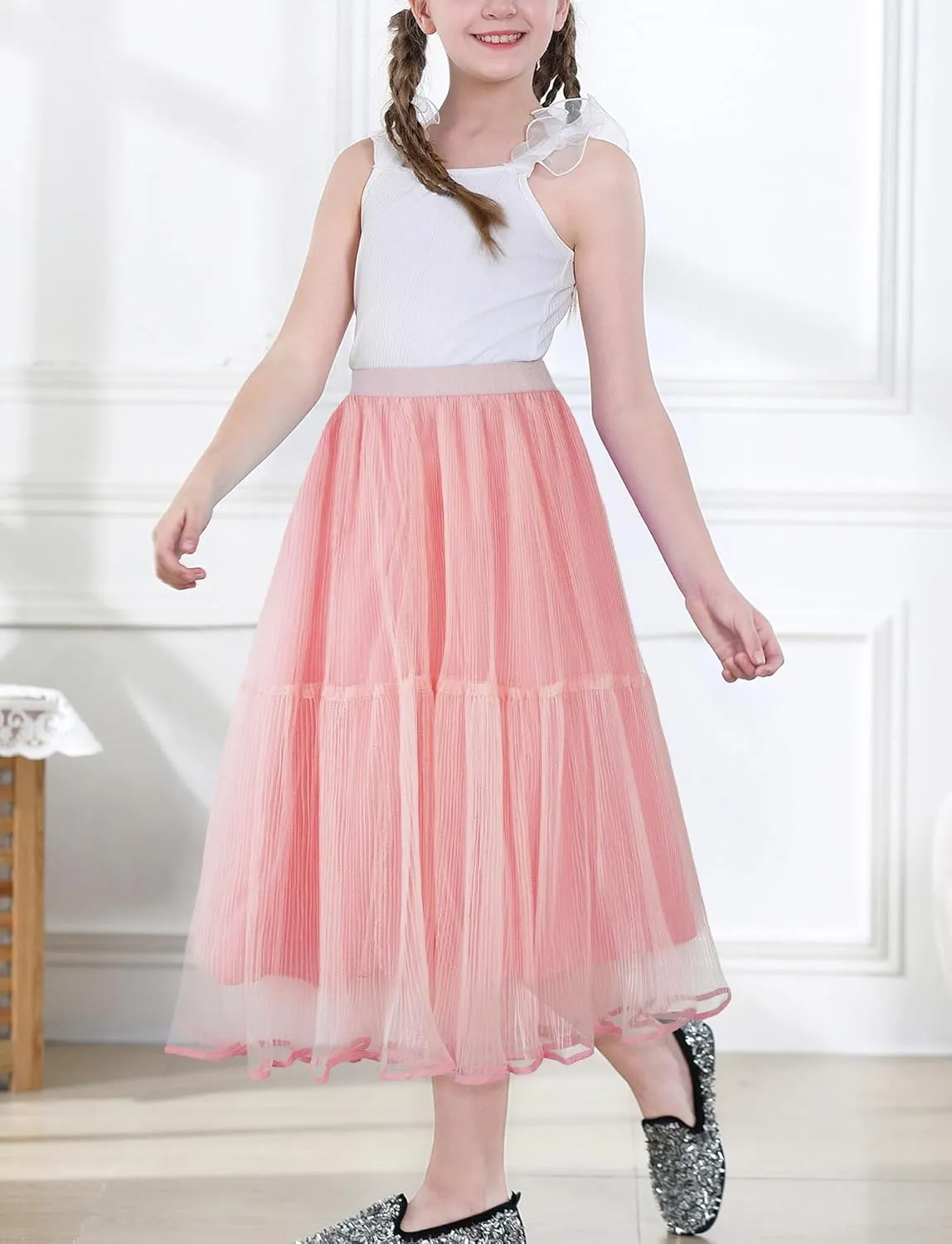 Girls Tulle Skirts Midi Elastic High Waist Pleated Mesh Flowy A-Line Party Long Tutu Skirts
