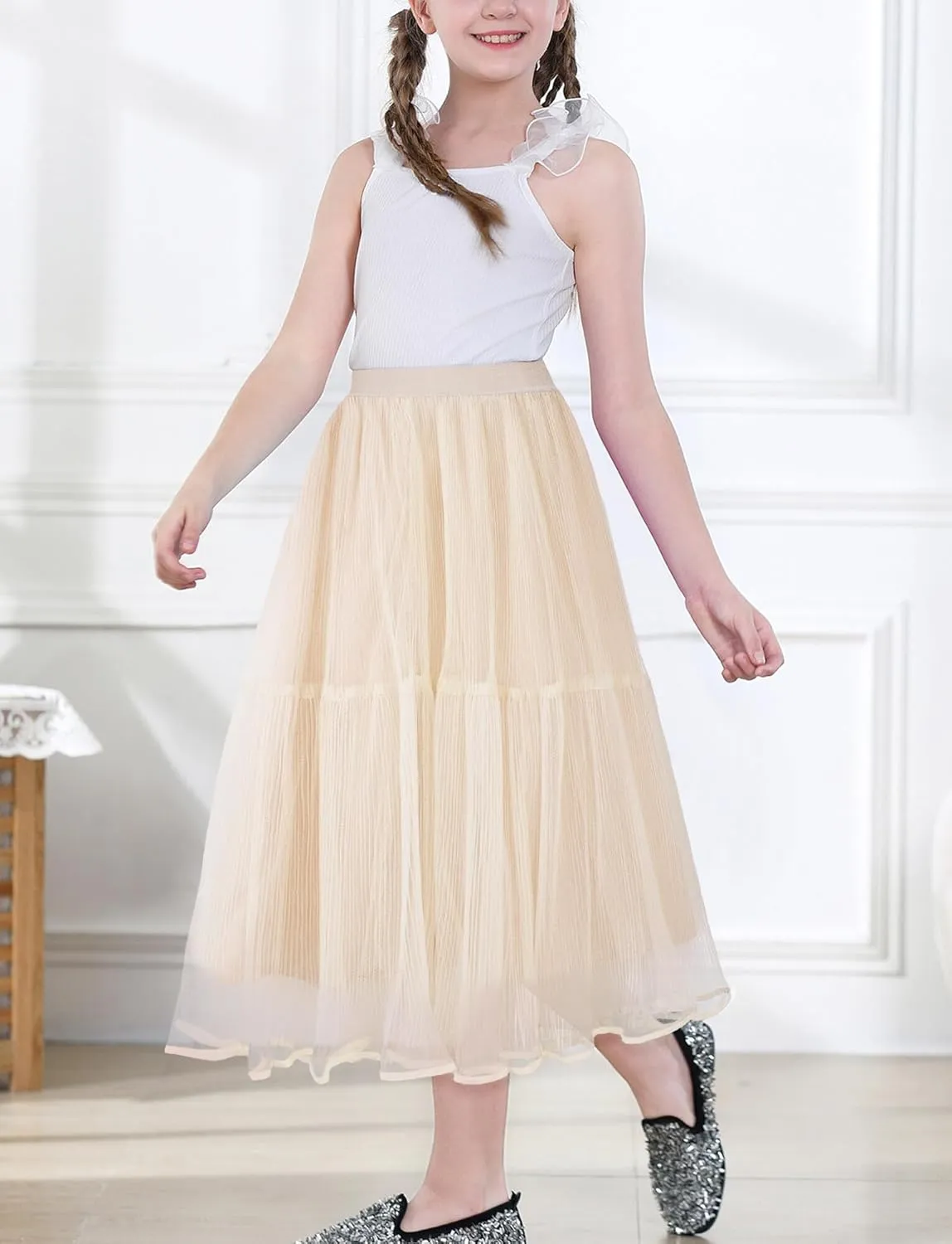 Girls Tulle Skirts Midi Elastic High Waist Pleated Mesh Flowy A-Line Party Long Tutu Skirts