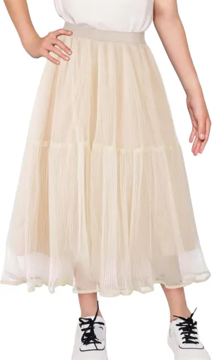 Girls Tulle Skirts Midi Elastic High Waist Pleated Mesh Flowy A-Line Party Long Tutu Skirts