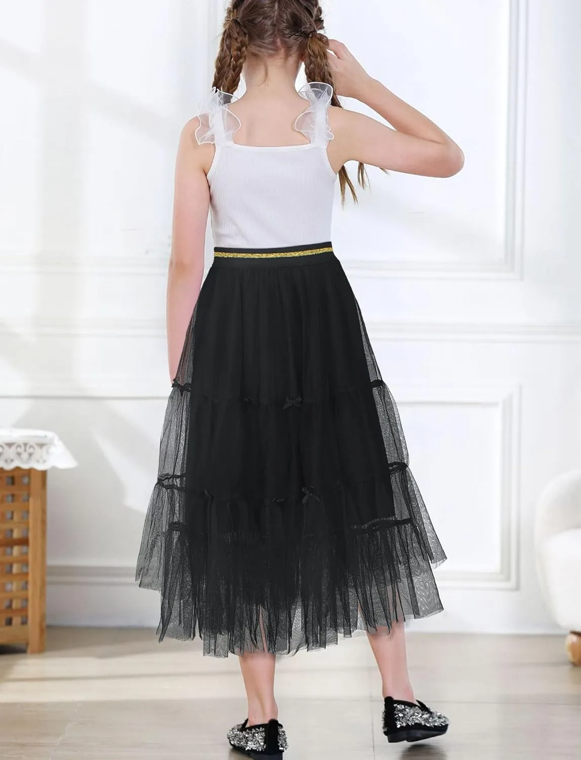 Girls Tulle Skirts Midi Elastic High Waist Pleated Mesh Flowy A-Line Party Long Tutu Skirts