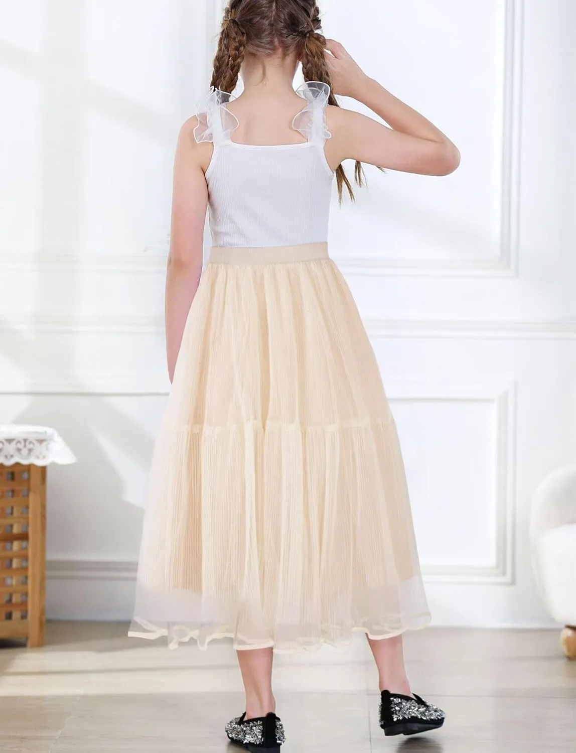 Girls Tulle Skirts Midi Elastic High Waist Pleated Mesh Flowy A-Line Party Long Tutu Skirts