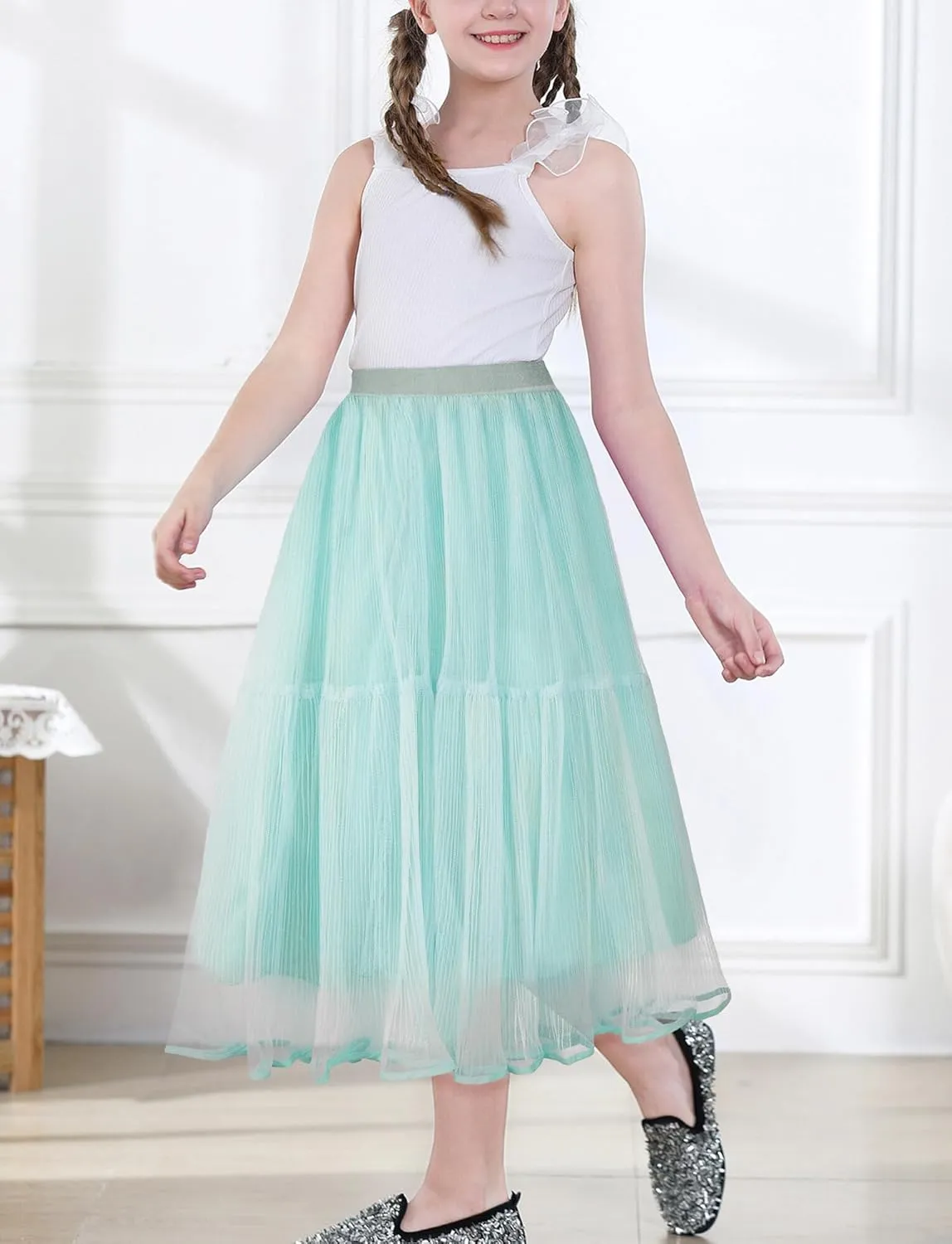 Girls Tulle Skirts Midi Elastic High Waist Pleated Mesh Flowy A-Line Party Long Tutu Skirts