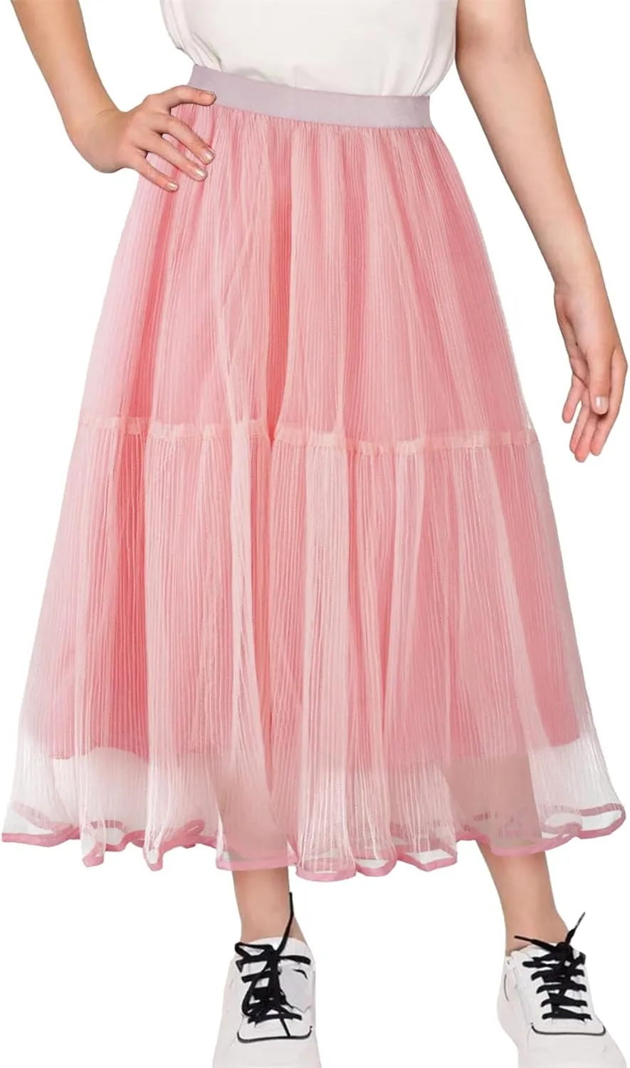 Girls Tulle Skirts Midi Elastic High Waist Pleated Mesh Flowy A-Line Party Long Tutu Skirts
