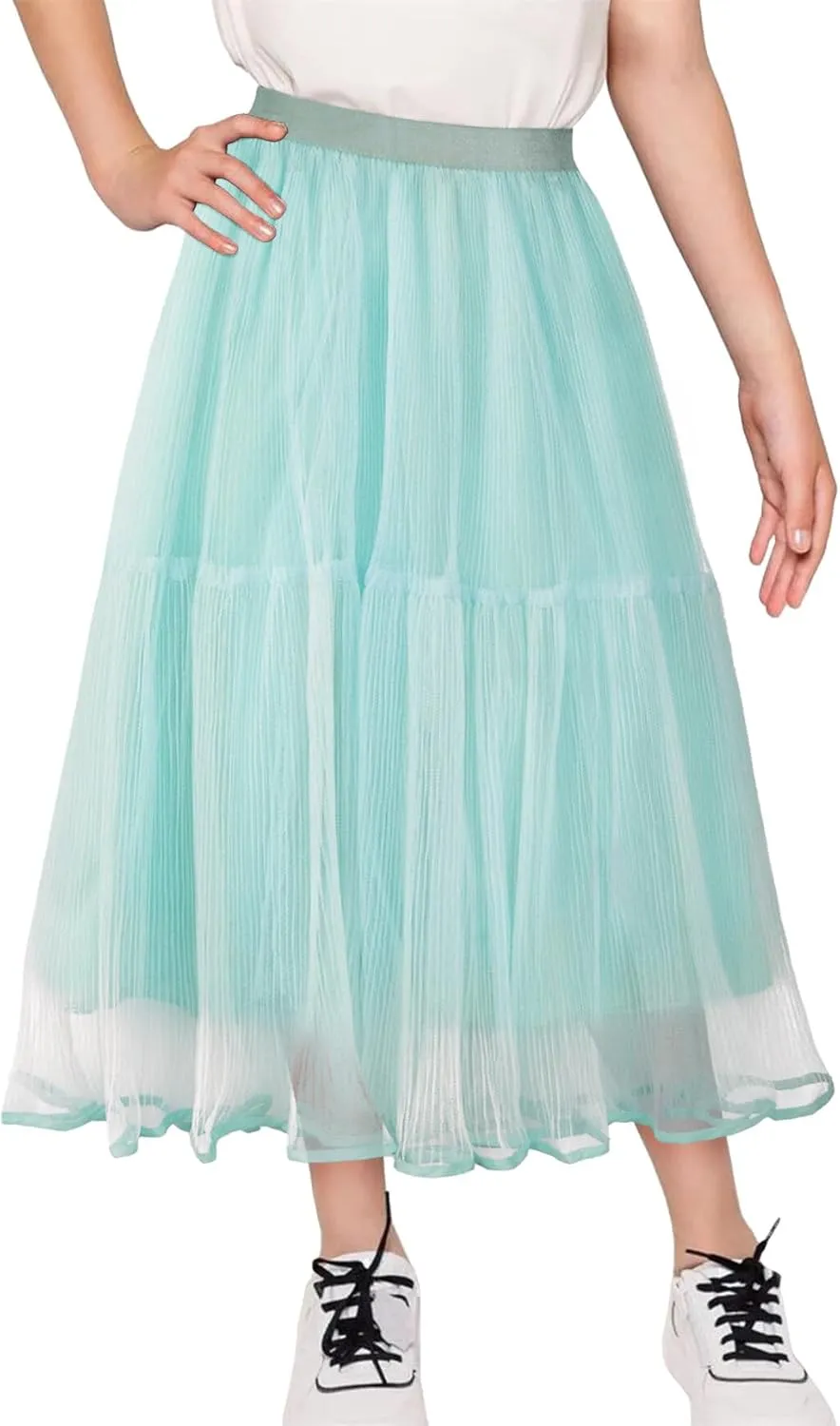Girls Tulle Skirts Midi Elastic High Waist Pleated Mesh Flowy A-Line Party Long Tutu Skirts