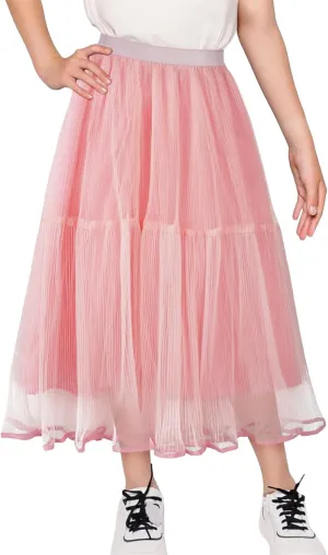 Girls Tulle Skirts Midi Elastic High Waist Pleated Mesh Flowy A-Line Party Long Tutu Skirts