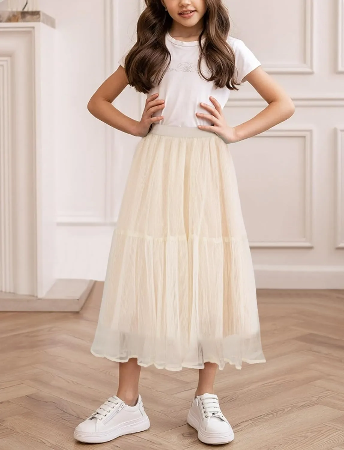 Girls Tulle Skirts Midi Elastic High Waist Pleated Mesh Flowy A-Line Party Long Tutu Skirts