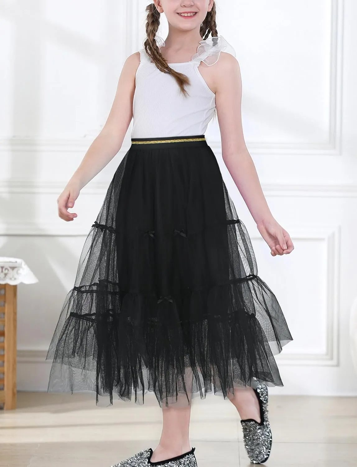 Girls Tulle Skirts Midi Elastic High Waist Pleated Mesh Flowy A-Line Party Long Tutu Skirts