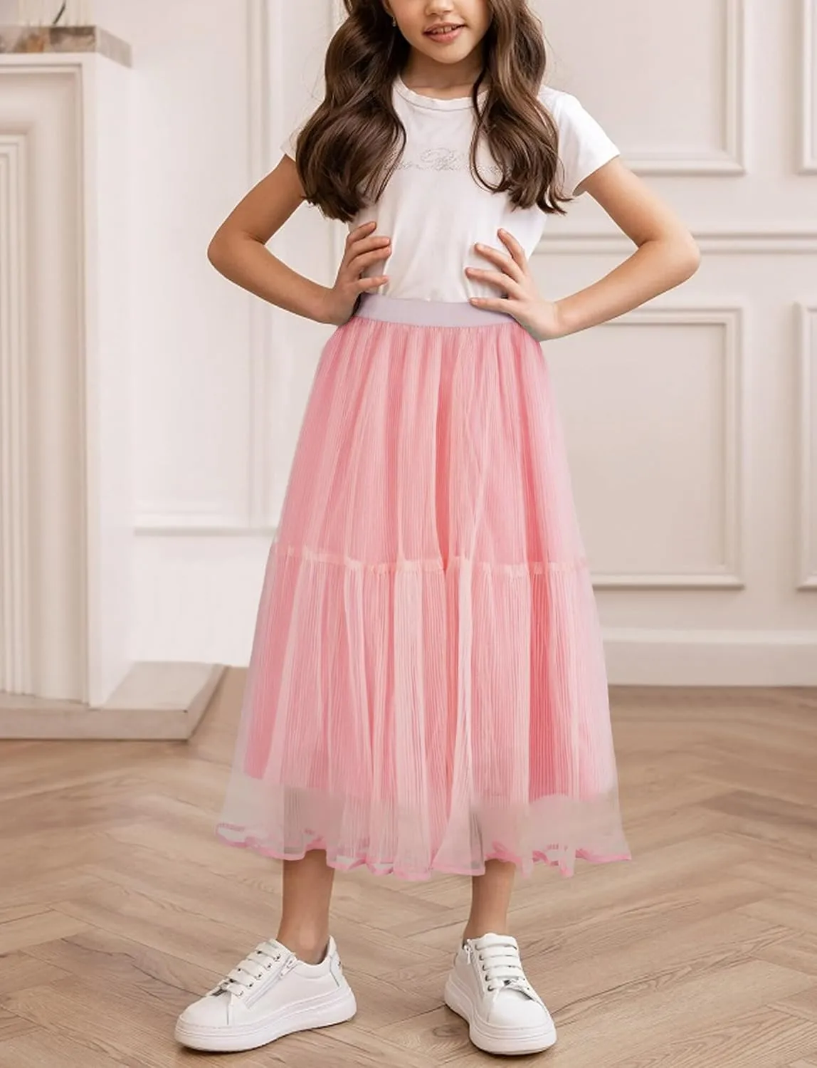 Girls Tulle Skirts Midi Elastic High Waist Pleated Mesh Flowy A-Line Party Long Tutu Skirts