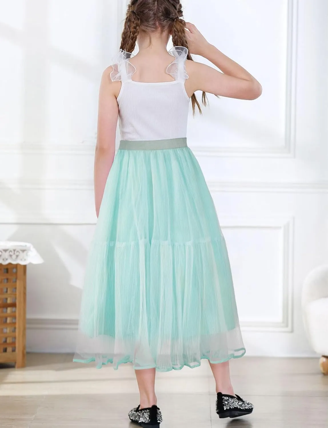 Girls Tulle Skirts Midi Elastic High Waist Pleated Mesh Flowy A-Line Party Long Tutu Skirts