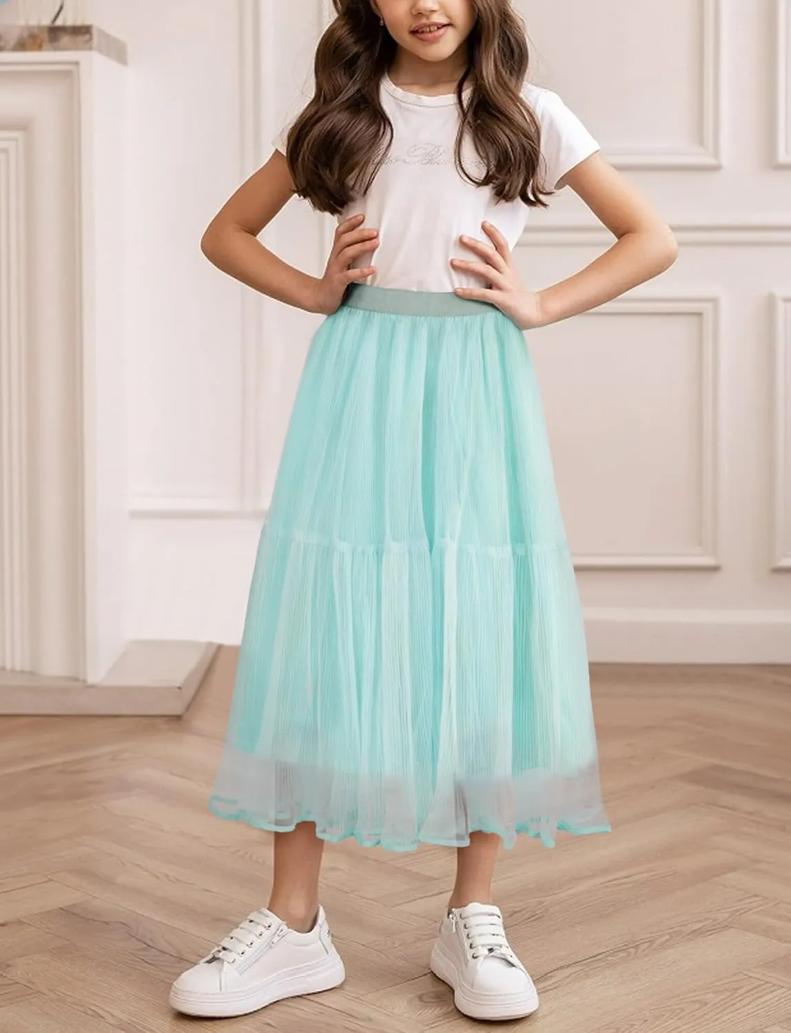 Girls Tulle Skirts Midi Elastic High Waist Pleated Mesh Flowy A-Line Party Long Tutu Skirts