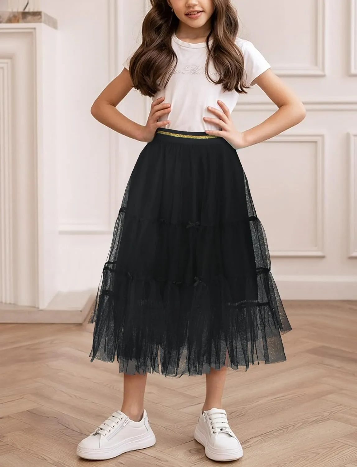 Girls Tulle Skirts Midi Elastic High Waist Pleated Mesh Flowy A-Line Party Long Tutu Skirts