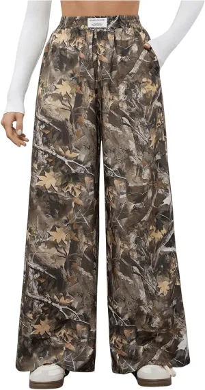 Girl's Wide Leg Camo Pants Elastic High Waisted Baggy Long Trousers Streetwear