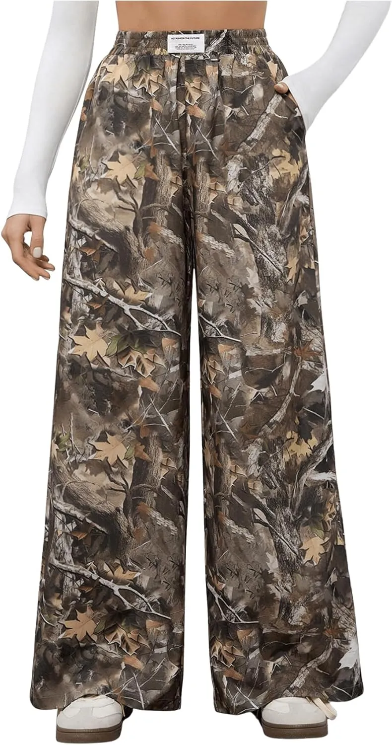 Girl's Wide Leg Camo Pants Elastic High Waisted Baggy Long Trousers Streetwear