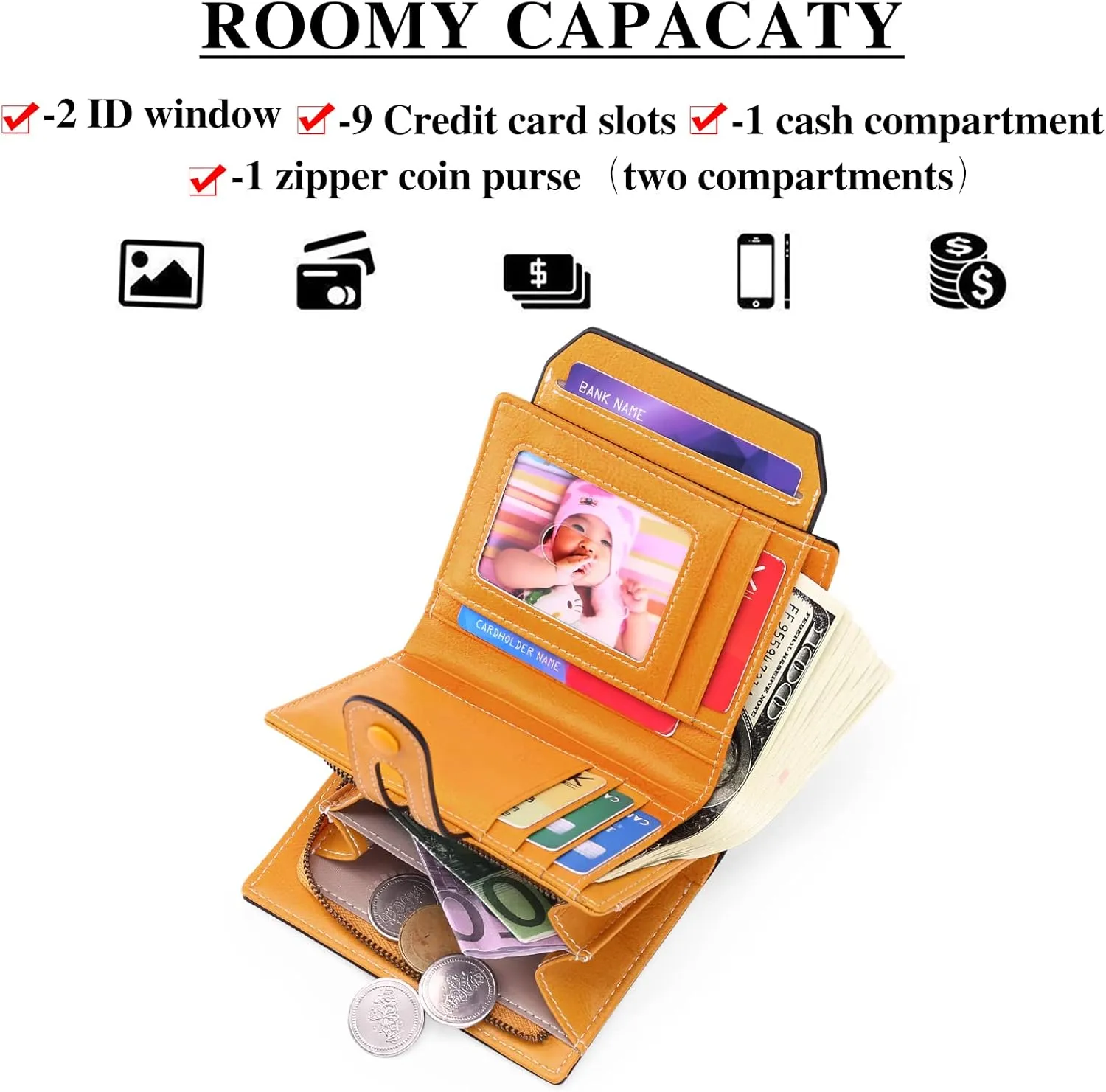 GOIACII Small Wallet Women Rfid Blocking Genuine Leather Compact Bifold Card Holder for Women with Zipper Coin Pocket 2 ID Windows