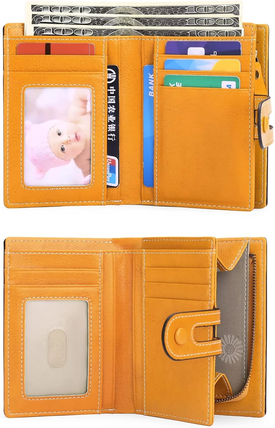 GOIACII Small Wallet Women Rfid Blocking Genuine Leather Compact Bifold Card Holder for Women with Zipper Coin Pocket 2 ID Windows