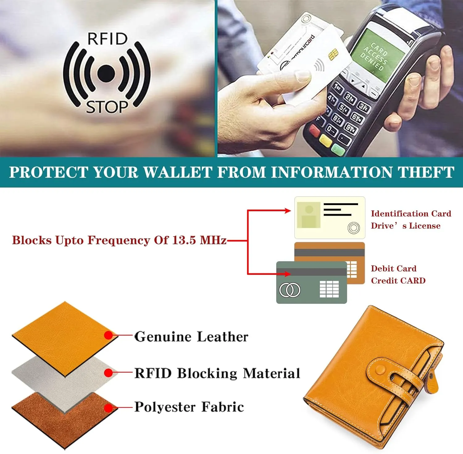 GOIACII Small Wallet Women Rfid Blocking Genuine Leather Compact Bifold Card Holder for Women with Zipper Coin Pocket 2 ID Windows
