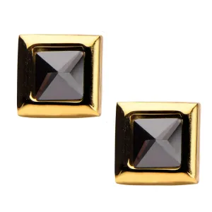 Gold Stainless Steel Black Pyramid Crystal Square Studs