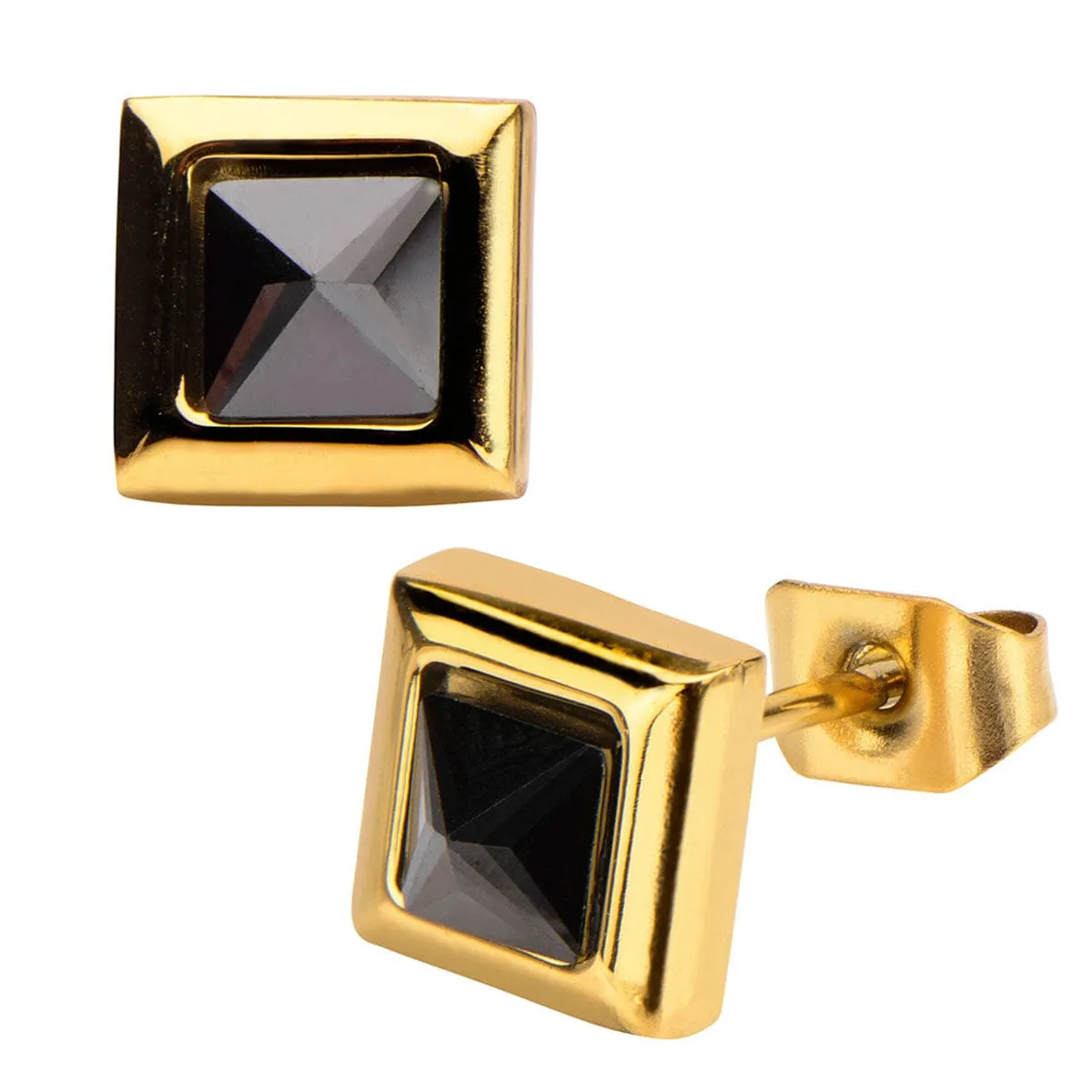 Gold Stainless Steel Black Pyramid Crystal Square Studs