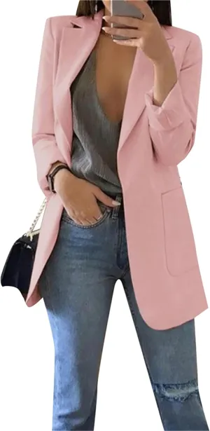 GORIFE Women Long Sleeve Lapel Collar Blazer with Pockets Classic-Fit Jacket Open Front Office Shoulder Suit