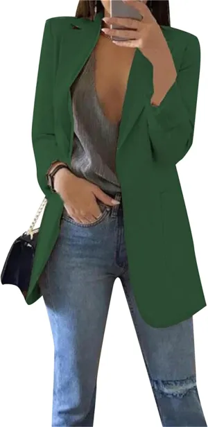 GORIFE Women Long Sleeve Lapel Collar Blazer with Pockets Classic-Fit Jacket Open Front Office Shoulder Suit