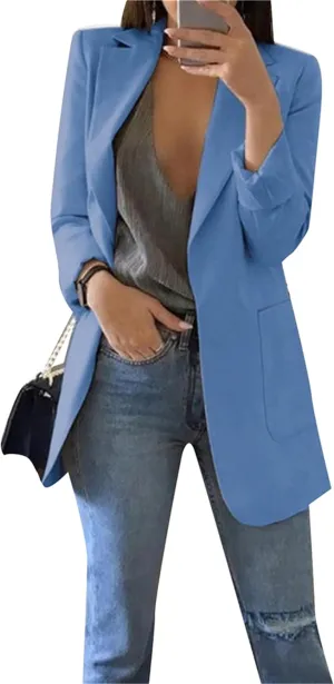 GORIFE Women Long Sleeve Lapel Collar Blazer with Pockets Classic-Fit Jacket Open Front Office Shoulder Suit