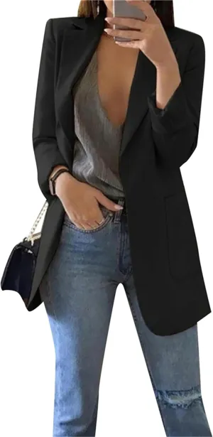 GORIFE Women Long Sleeve Lapel Collar Blazer with Pockets Classic-Fit Jacket Open Front Office Shoulder Suit