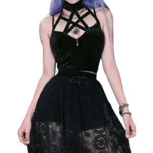 Gothic Cross Print Lace Bodycon Crop Tops Embrace Y2K Aesthetic and Summer Style with Sexy Black and Red Camis for Women and Girls
