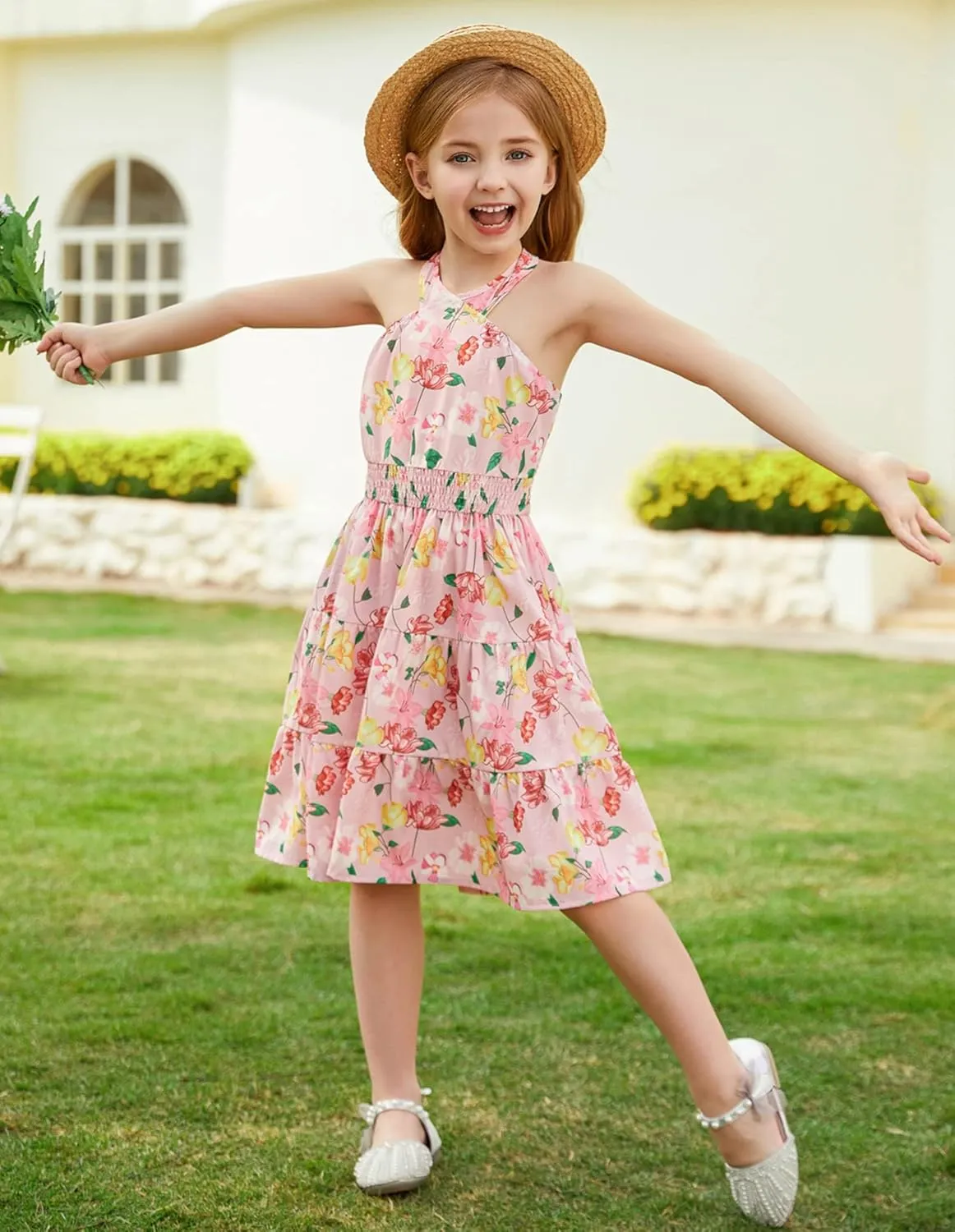GRACE KARIN Girls Summer Dress Off Shoulder Floral A-line Midi Dress 5-14Y