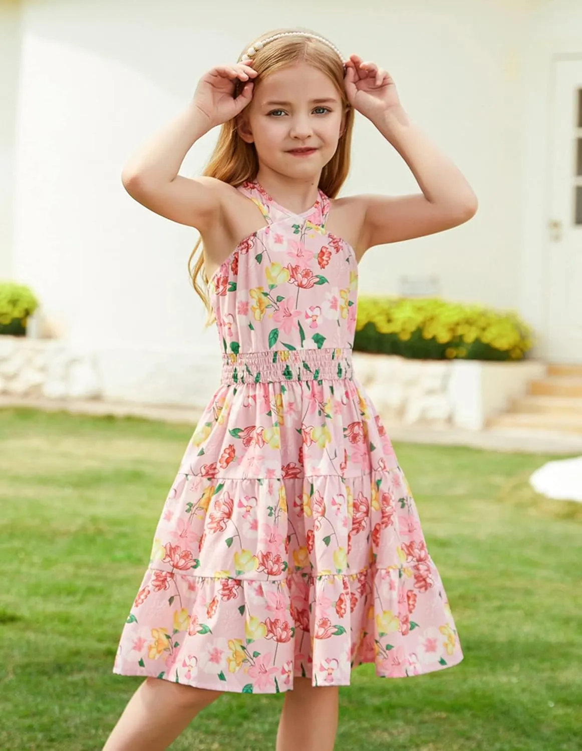 GRACE KARIN Girls Summer Dress Off Shoulder Floral A-line Midi Dress 5-14Y
