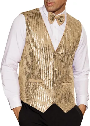GRACE KARIN Mens Sequin Vest Slim Fit Shiny Dress Waistcoat Bowtie Set for Wedding Prom Party