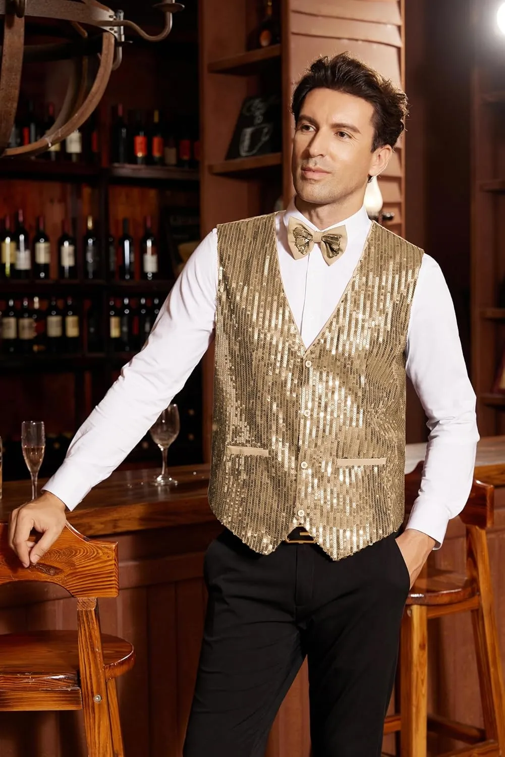 GRACE KARIN Mens Sequin Vest Slim Fit Shiny Dress Waistcoat Bowtie Set for Wedding Prom Party