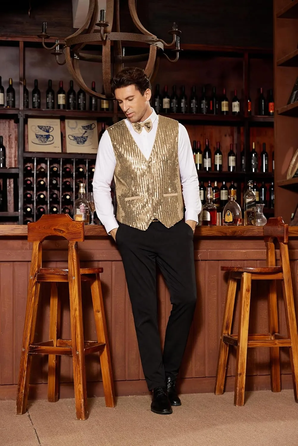 GRACE KARIN Mens Sequin Vest Slim Fit Shiny Dress Waistcoat Bowtie Set for Wedding Prom Party