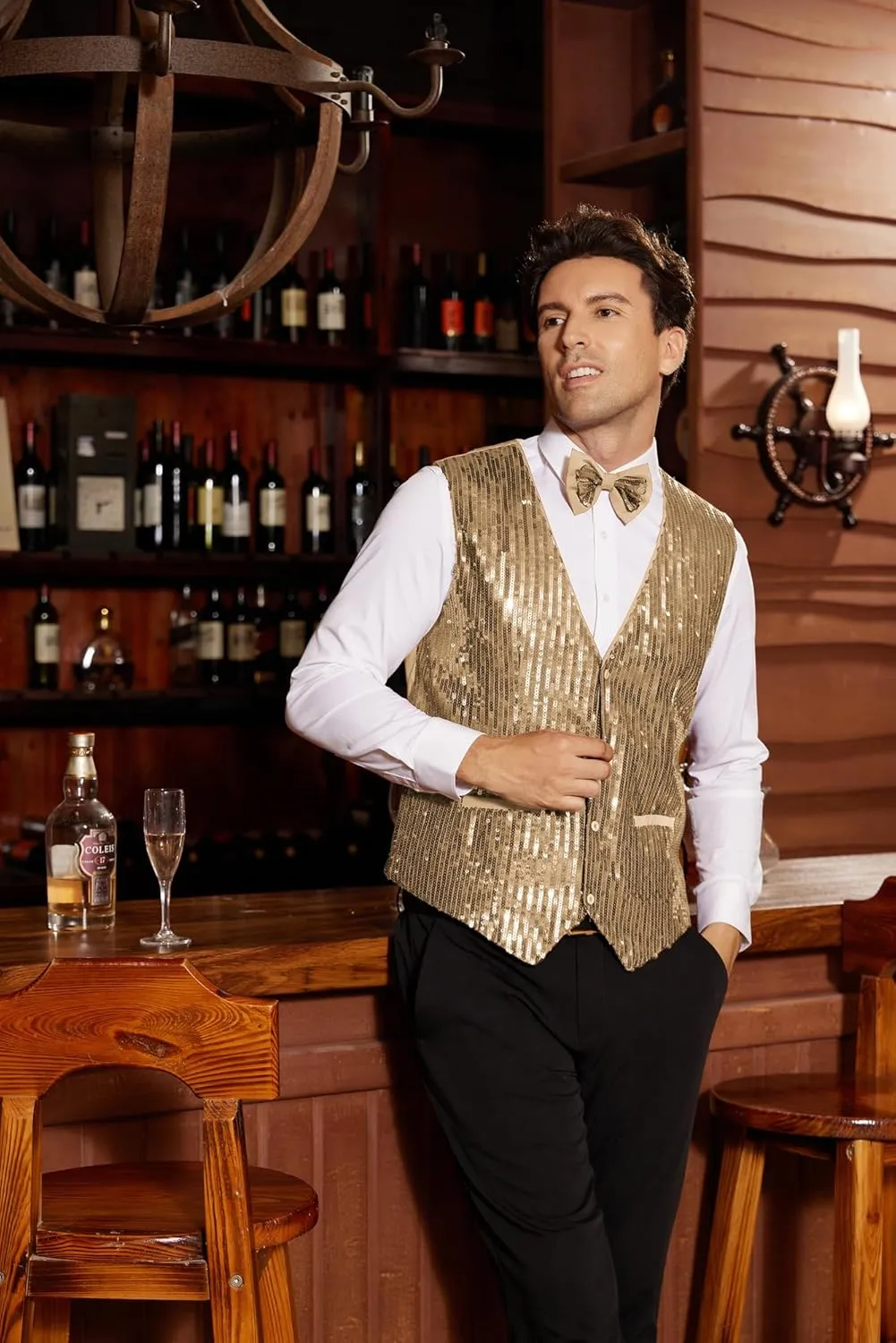 GRACE KARIN Mens Sequin Vest Slim Fit Shiny Dress Waistcoat Bowtie Set for Wedding Prom Party