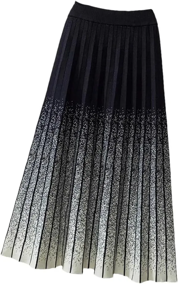 Gradient Knitted Long Skirt Women Fall Winter Stripe High Waist Pleated Midi Skirt Female