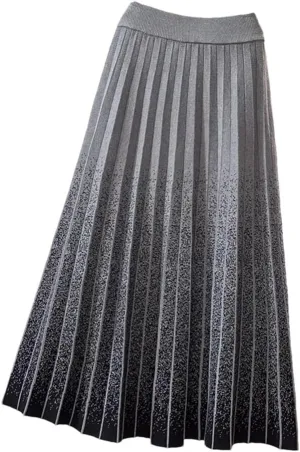 Gradient Knitted Long Skirt Women Fall Winter Stripe High Waist Pleated Midi Skirt Female