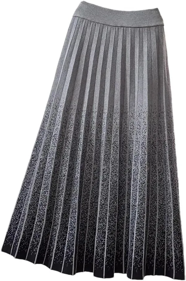 Gradient Knitted Long Skirt Women Fall Winter Stripe High Waist Pleated Midi Skirt Female